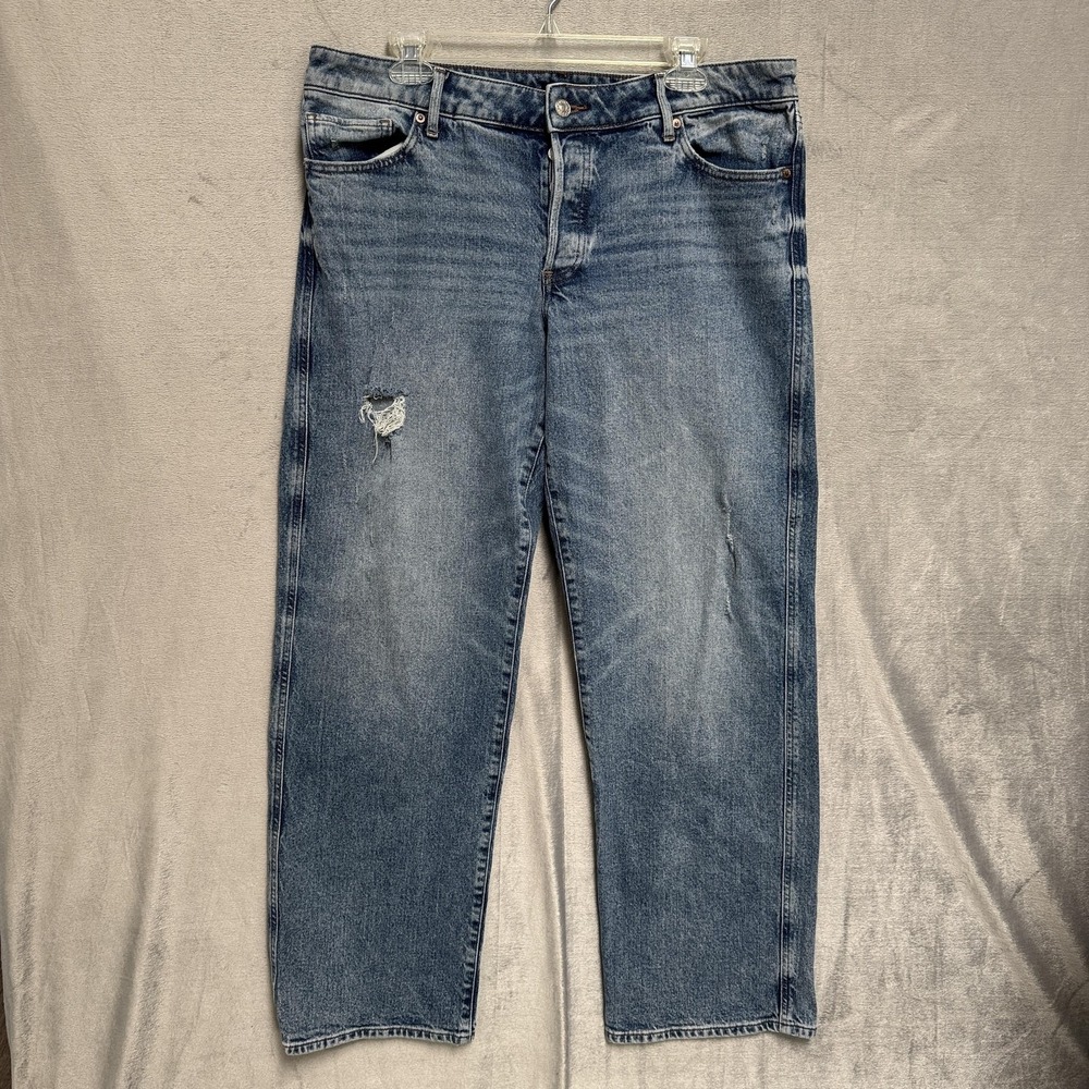 Express Jeans Womens 12R Blue Relaxed Straight Low Rise Distressed Stretch Denim